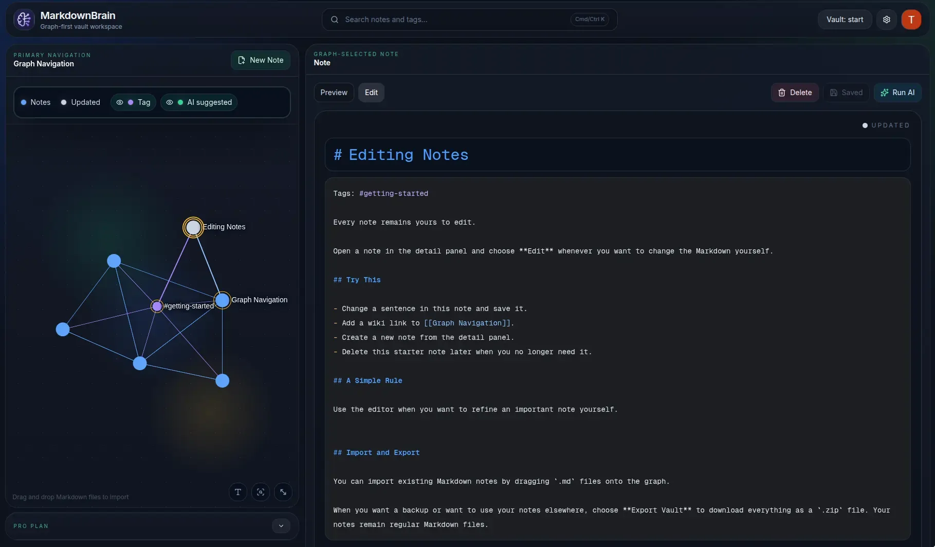 MarkdownBrain editor showing an active Markdown note and connected workspace